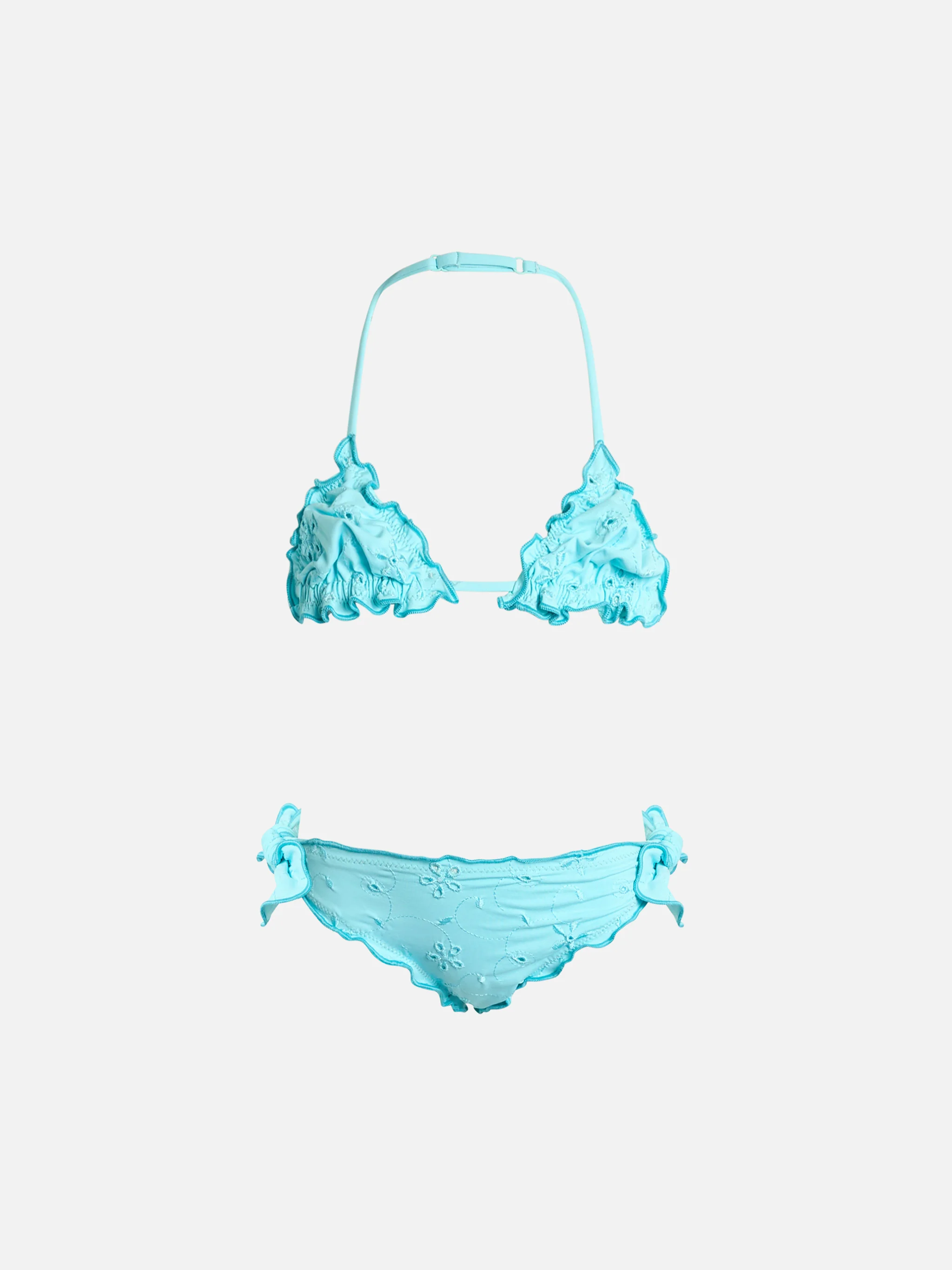 Bikini classico triangolo Cris da bambina verde acqua con ricamo Sanga