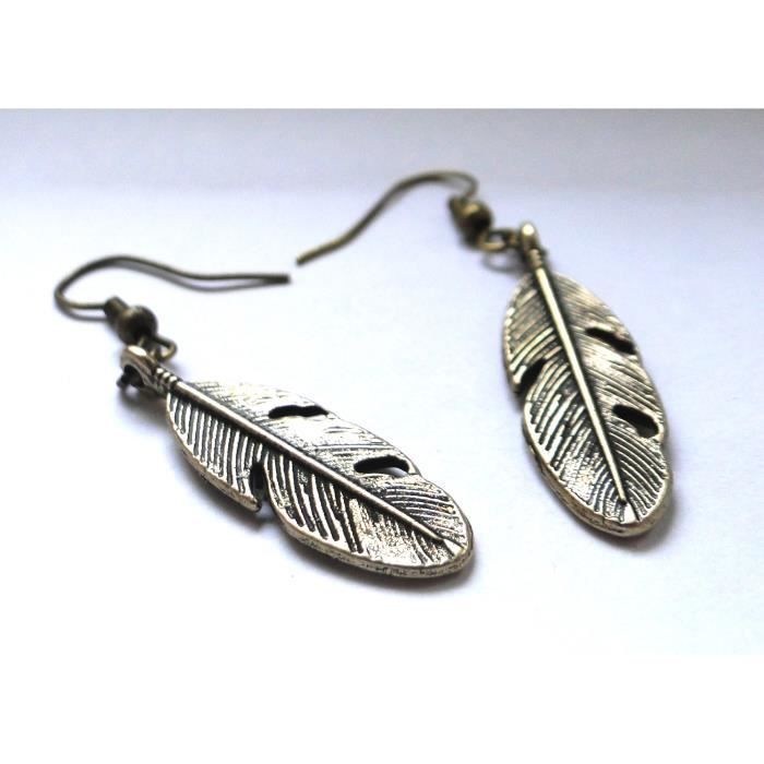 Pair of earrings with bronze feather.