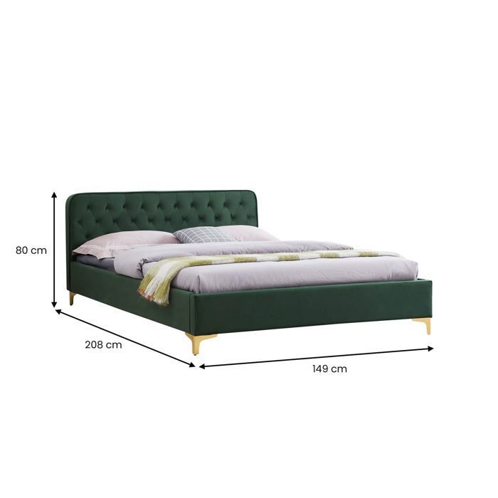Cama doble GLAMOUR, superficie de descanso de 140x190 cm, con somier de láminas y patas de metal dorado, estilo barroco, tapizada en terciopelo capitoné verde.