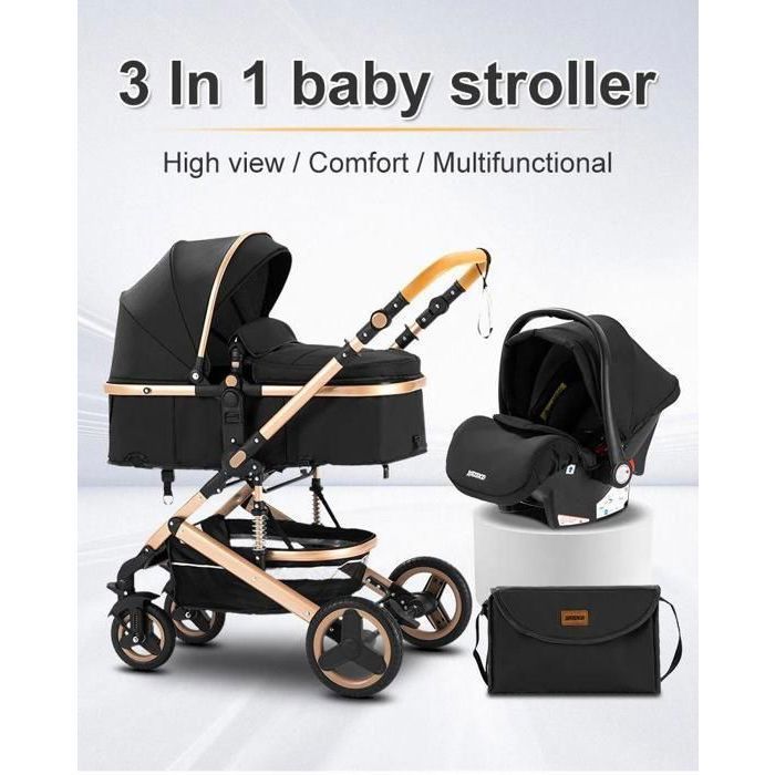 BAZARLAND30.Poussette 3 en 1 Bébé Combinée Siège-Auto Nacelle Trio Réversible Réglable Haute Qualité Roues increvables Canne rouge
