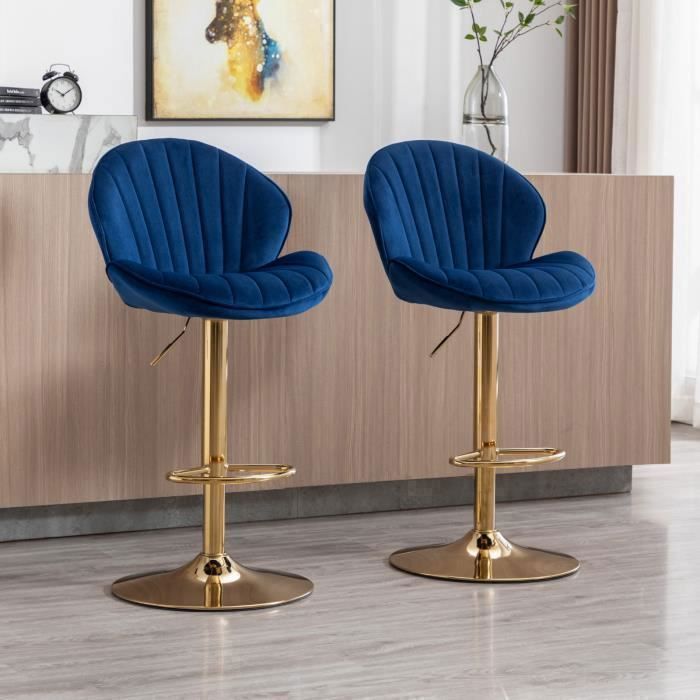 Wahson Bar Stool Set of 2 Adjustable Bar Stools, High Bar Chairs with Metal Legs for Kitchen and Countertop, Velvet, Blue