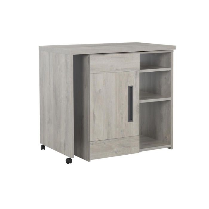 Barra giratoria con efecto de madera de roble gris claro, ruedas y estantes.