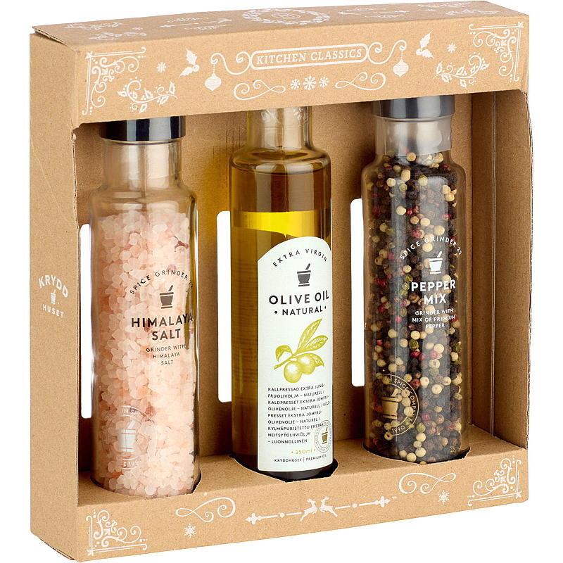 Kryddhuset Geschenkset 3-teilig Salz, Pfeffer, Olivenöl