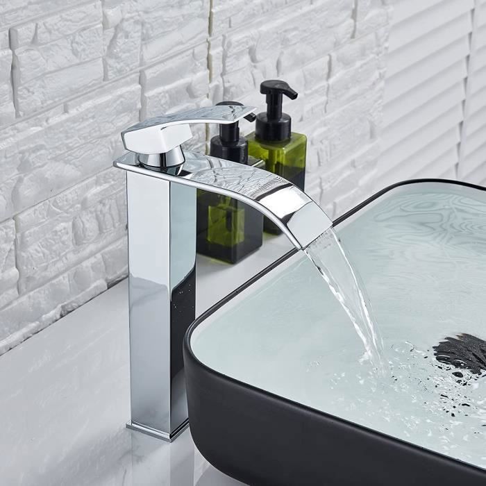 Waterfall Bathroom Faucet, Waterfall Basin Faucet with Adjustable Height Spout, Hot and Cold Water Mixer Tap in Stainless Steel