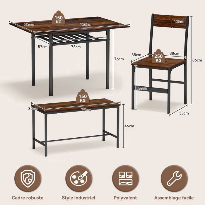 Juego de comedor con mesa, 2 sillas y banco, juego de comedor de 4 piezas, mesa de comedor extensible, marrón.