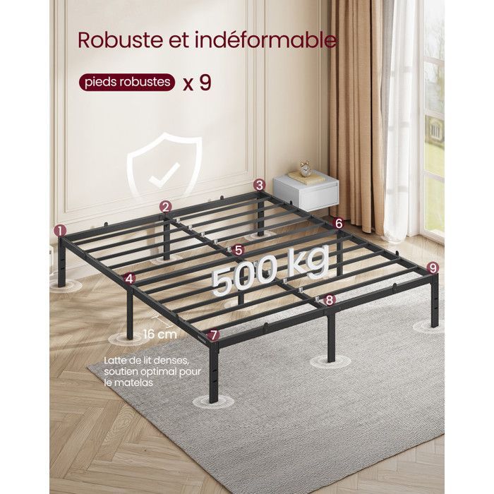 Estructura de cama doble, 160 x 200 cm, estructura metálica, espacio de almacenamiento debajo, estilo moderno, fácil montaje, negro mate.
