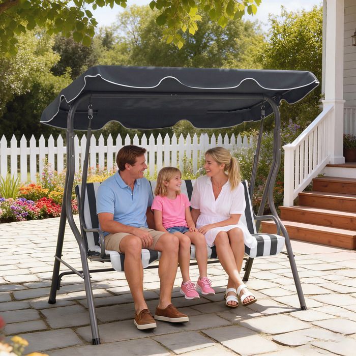 Columpio de jardín Outsunny - 3 plazas - Toldo impermeable - Inclinación ajustable - Cojines para asiento y respaldo - Rayas grises y blancas