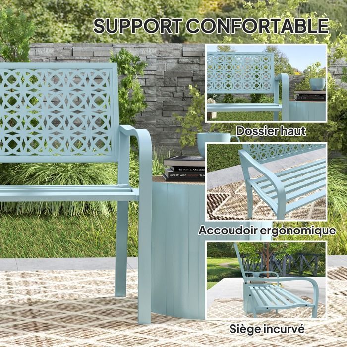 Panchina da giardino - Outsunny - 2 posti - schienale traforato - acciaio - per balcone, terrazzo, patio, veranda - 127 x 63 x 85 cm - blu