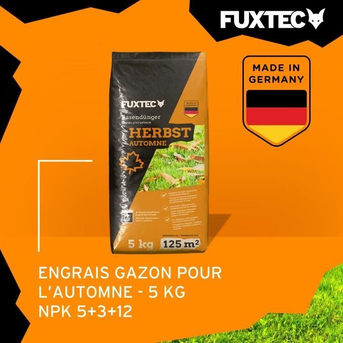 FUXTEC FX-RDH5 Herbstrasendünger, kaliumreich, 5-kg-Sack für 250 m², lösliches Granulat, hergestellt in Deutschland