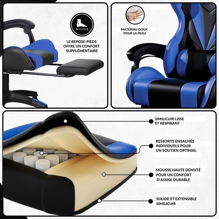 Bayt Chaise Gaming Ergonomique - Repose-Pieds Rétractable - Accoudoirs Réglables - Dossier Inclinable - Noir & Bleu Foncé