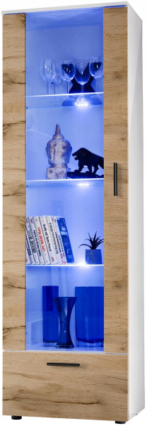 Witryna Szklana Regał Salon Biały/Dąb Wotan z Półkami RGB LED 192x60