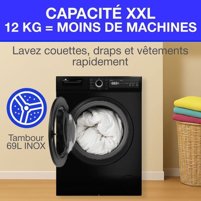 Máquina de lavar roupa Continental Edison Cell12140IBT com carregamento frontal - 12 kg - Largura 59,6 cm - Classe energética A - 1400 rpm - Motor de indução - Preto fosco