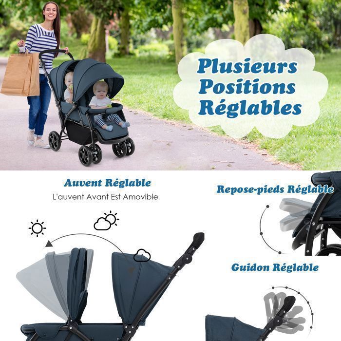 Cochecito doble plegable COSTWAY con capota ajustable, manillar, 4 ruedas con amortiguación, arnés de 5 puntos y capacidad de carga de 30 kg - Azul