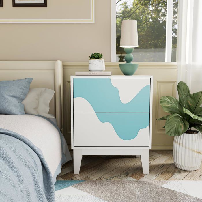 GOOBUY Set of 2 Bedside Tables, Nightstands with 2 Drawers, Side Tables with Irregular Wave Pattern, 45 x 35 x 56 cm