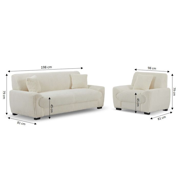 Conjunto de sofá de 3 plazas y sillón ADEA en pana beige.