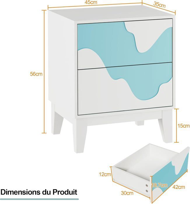 GOOBUY Set of 2 Bedside Tables, Nightstands with 2 Drawers, Side Tables with Irregular Wave Pattern, 45 x 35 x 56 cm