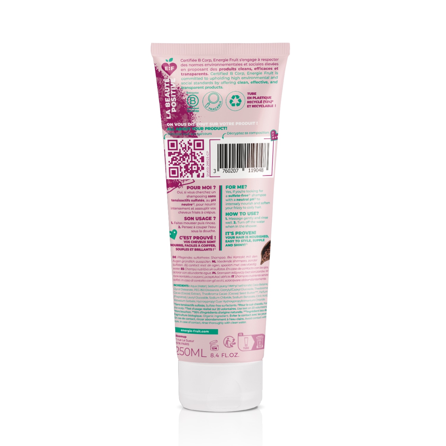 Energie Fruit shampooing nutri frizz sans sulfate - cheveux frises a crepus - beurre de cacao bio et poudre de cacao