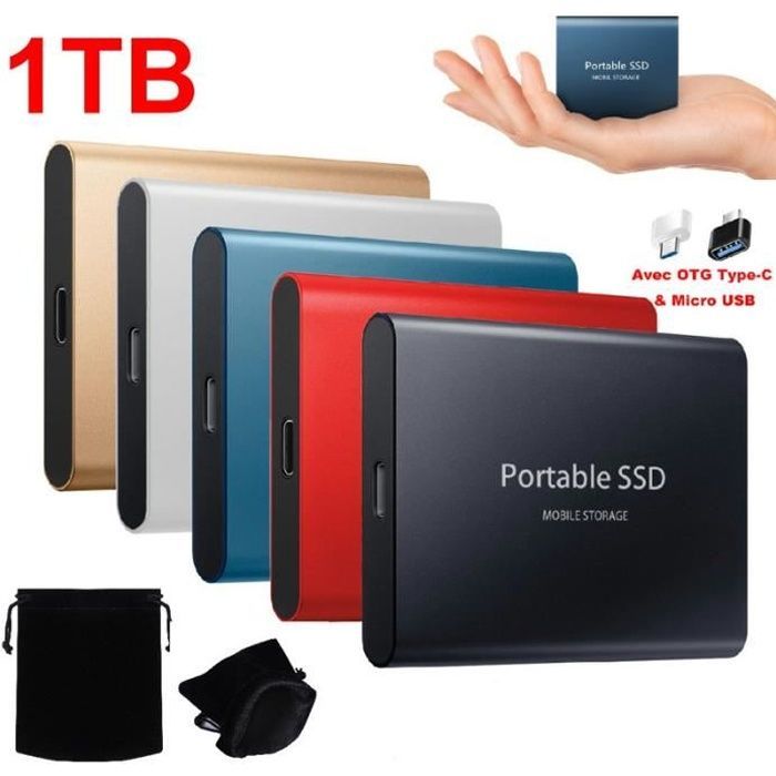 SSD externo portátil de 1 TB, OTG, USB Tipo-C, tamanho mini, azul, com estojo de armazenamento em tecido.
