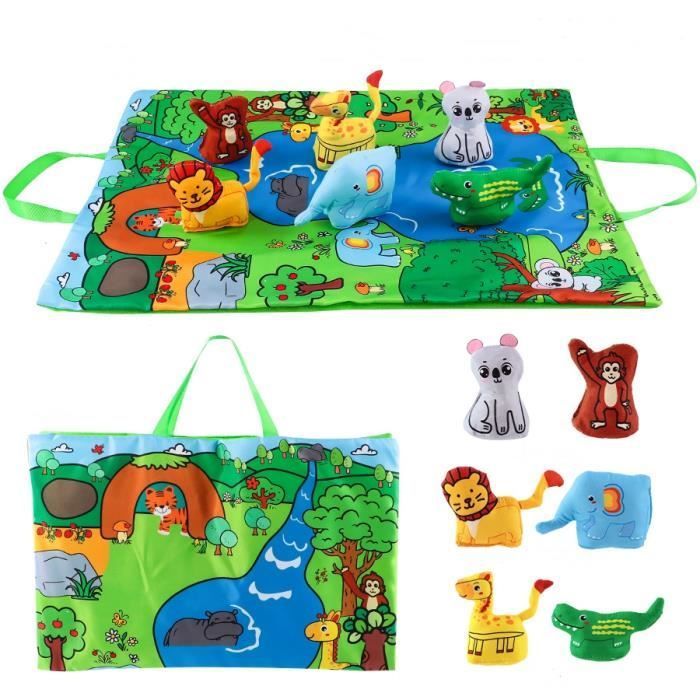 Jouet Montessori - AQSACOKIYA - Livre d'animaux de jungle - 6 animaux - Tapis de jeu - Sac de rangement