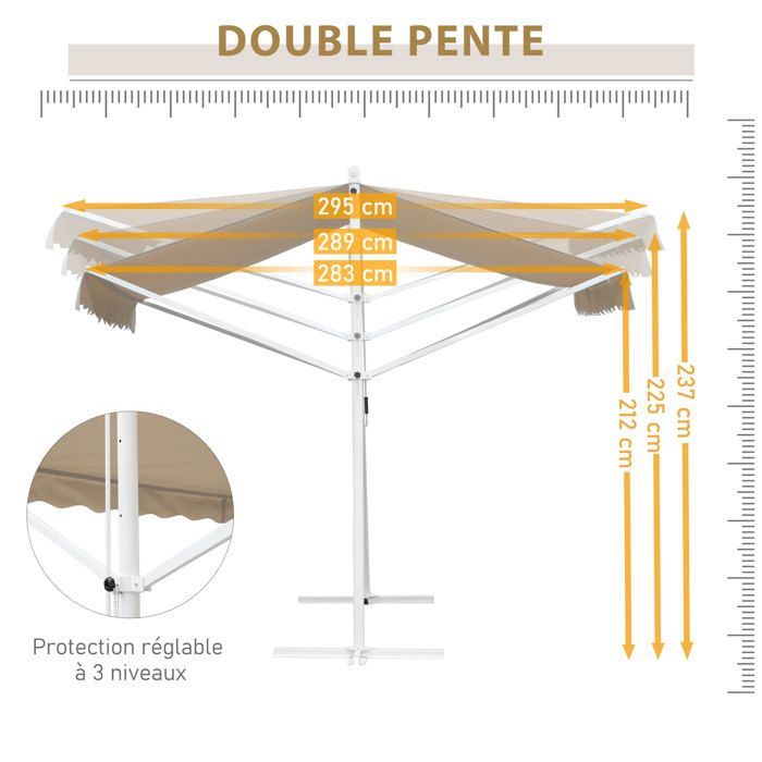 Dubbel hellend zonnescherm 3 x 3 m, handmatig intrekbaar, verstelbaar, kantelbaar, wit, epoxy, staal, waterdicht, polyester, UV-bestendig, beige