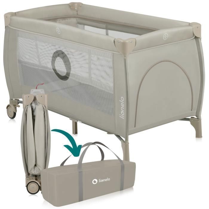 Cuna de viaje compacta 2 en 1 LIONELO Stefi Plus - Parque infantil - Colchón de espuma T25 - 0-36 meses - Plegado rápido - 2 ruedas - Beige