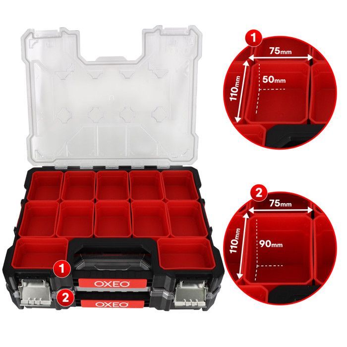 Juego de 2 estuches organizadores apilables - 2 x 12 compartimentos extraíbles - resistentes a los golpes - 2 profundidades