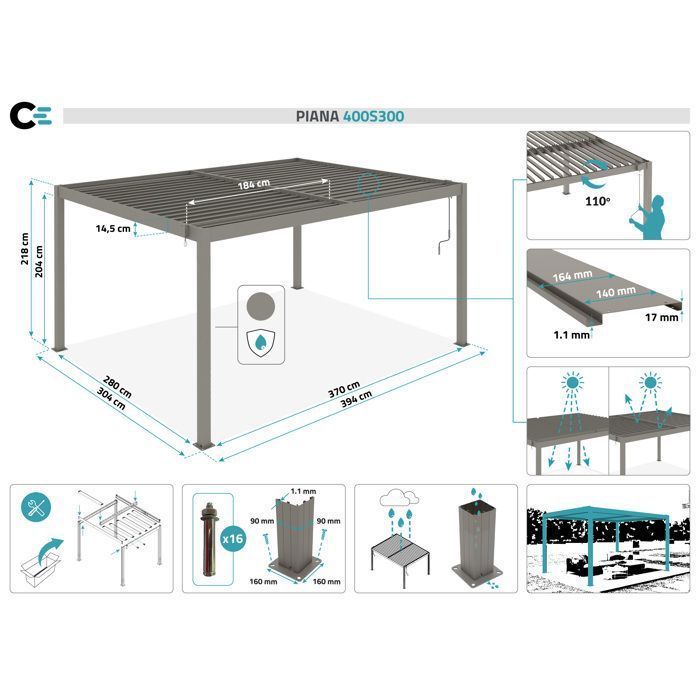 Pérgola bioclimática autoportante PIANA Cazeboo, em alumínio, 4x3 m, cor taupe, com venezianas de aço ajustáveis.