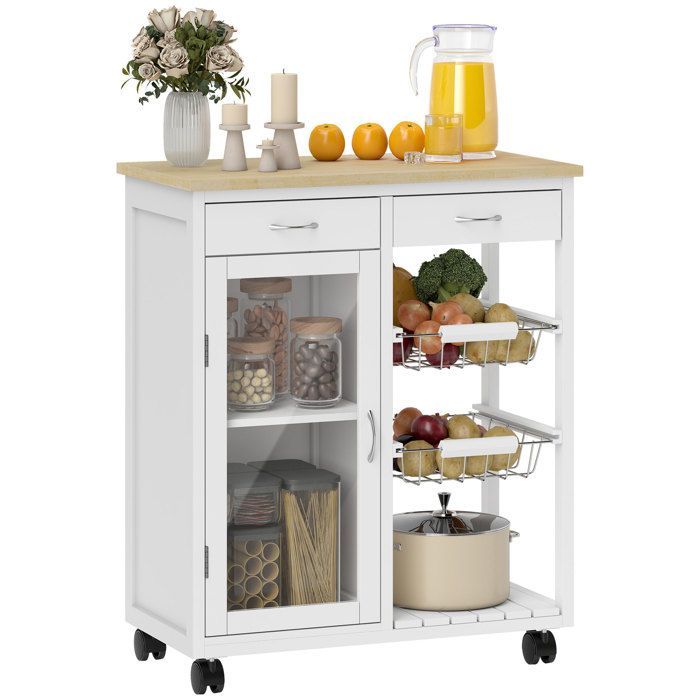 Desserte de cuisine - HOMCOM - sur roulettes - plateau en bambou, porte vitrée, 2 paniers et 2 tiroirs - MDF - 67x35x80cm - blanc