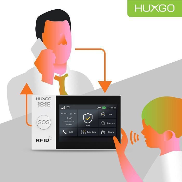 Systeme d'alarme Maison WiFi + GSM, HUXGO HXA007 + Sirène sans Fil, 1X détecteur de Mouvement, 12X capteur de Porte/fenêtre, TUYA