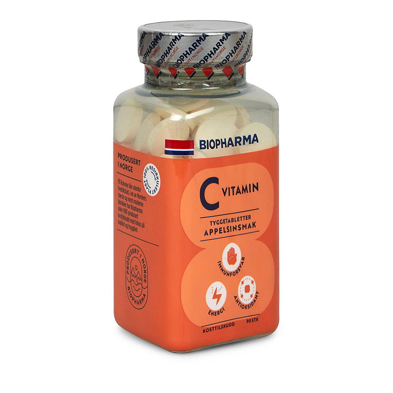Biopharma Vitamin C 90 stk. Appelsin, tyggetabletter, Biopharma