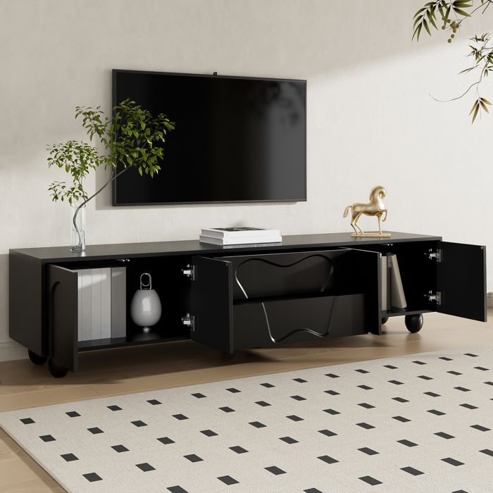 Mobile porta TV - MODERNLUXE - 180x40x42 cm - 2 cassetti, 4 ante - Gambe in legno massello - Nero