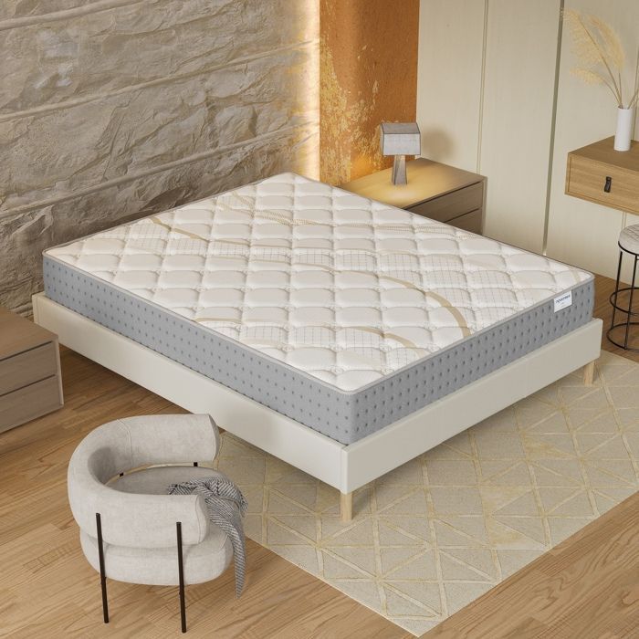 Conjunto de colchón y base de cama (160x200cm) - Muelles ensacados Essem y espuma de alta densidad de 25 cm de grosor + base de cama de madera estable, tela blanca