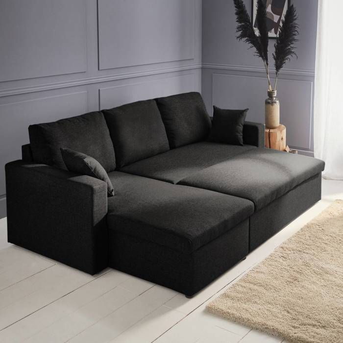 Sofá esquinero convertible en tela negra - IDA - 3 plazas. Sillón esquinero reversible con compartimento de almacenamiento y cama modular.