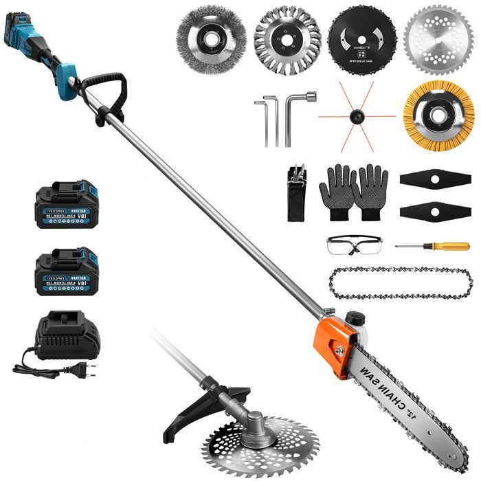 1380W 12″/192cm Élagueuse sur perche & Debroussailleuse à batterie 2-En-1 2×4,0Ah 18800RPM Sans fil, 7 Types de Lames Coupe-Bordures