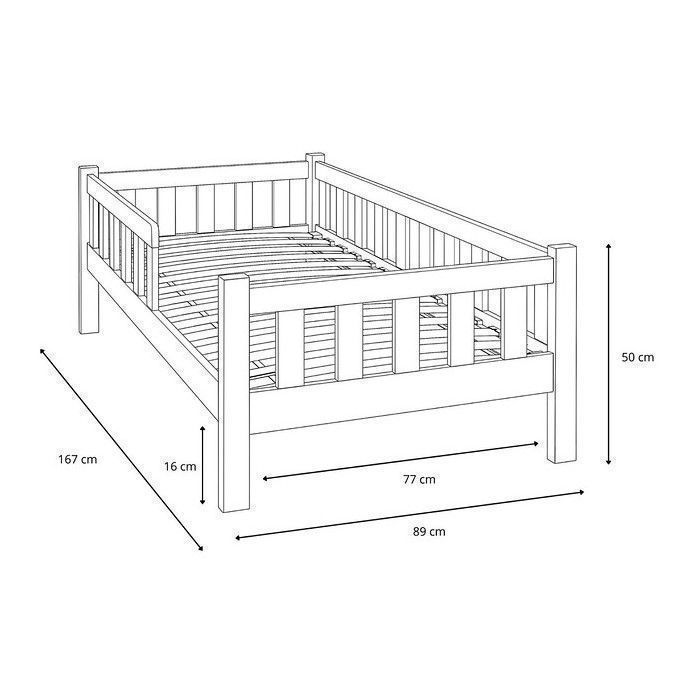 Cama infantil Montessori PINI de 80x160 cm en madera natural con barandilla de seguridad — Base de lamas, madera maciza de pino