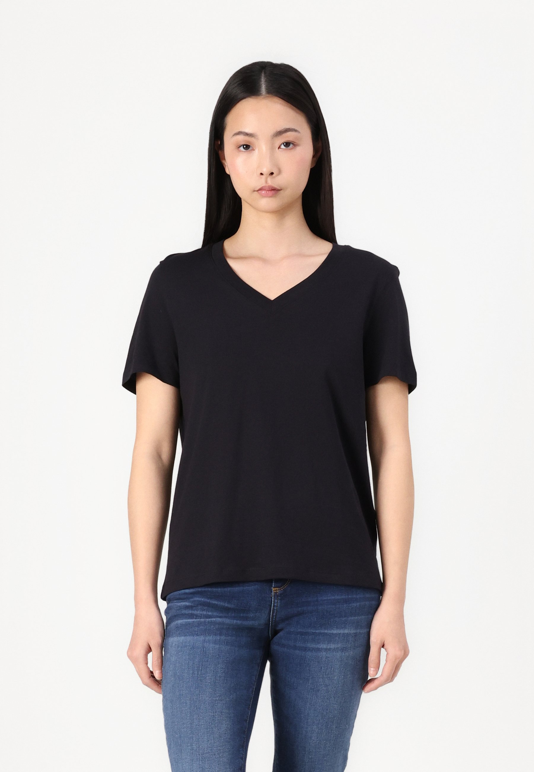 SLFESSENTIAL V NECK TEE - T-shirts med print - black/white ...