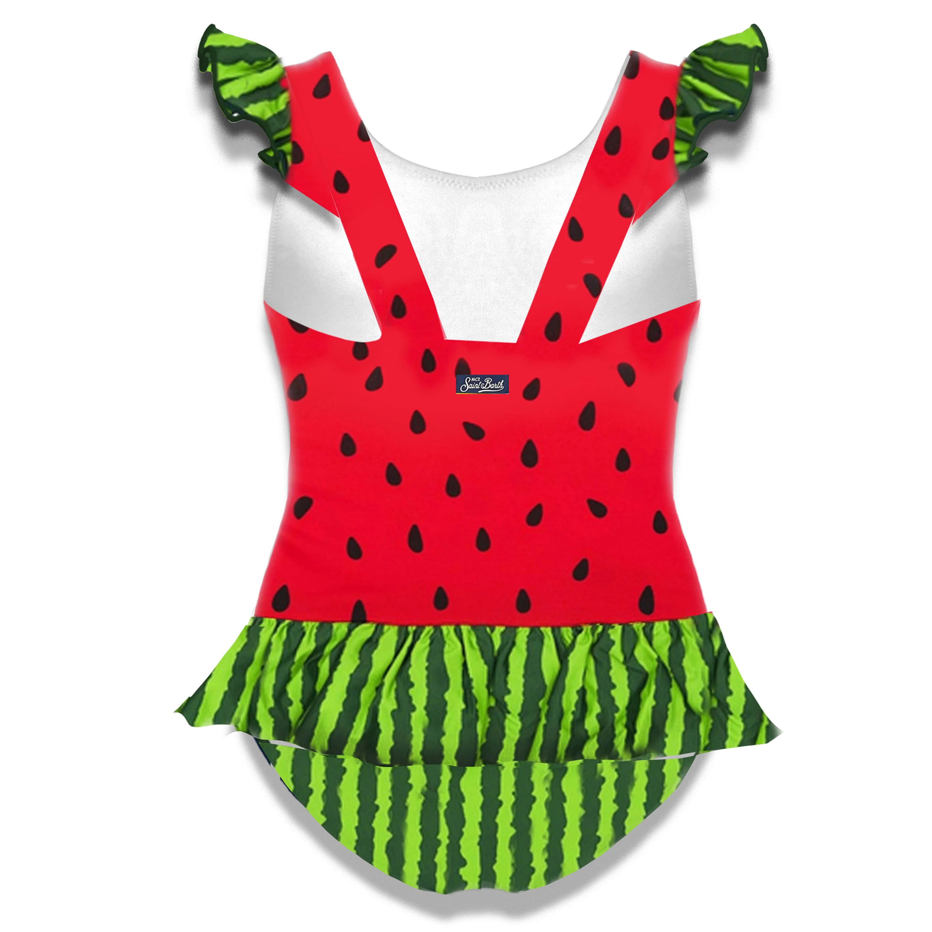 Costume intero da bambina con volant e stampa anguria