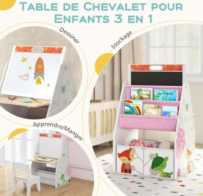 Tableau Enfant 3 en 1 - DREAMADE - Planche à Dessin Double Face - Bac de Rangement - Bibliothèque à 2 Etagères - 3-6 Ans - Blanc