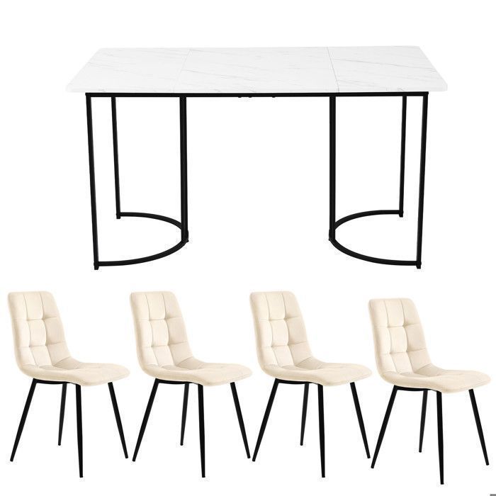 Conjunto de mesa de jantar de 140x80 cm com 4 cadeiras, conjunto moderno de mesa e cadeiras para cozinha/sala de estar, cadeiras em veludo bege.