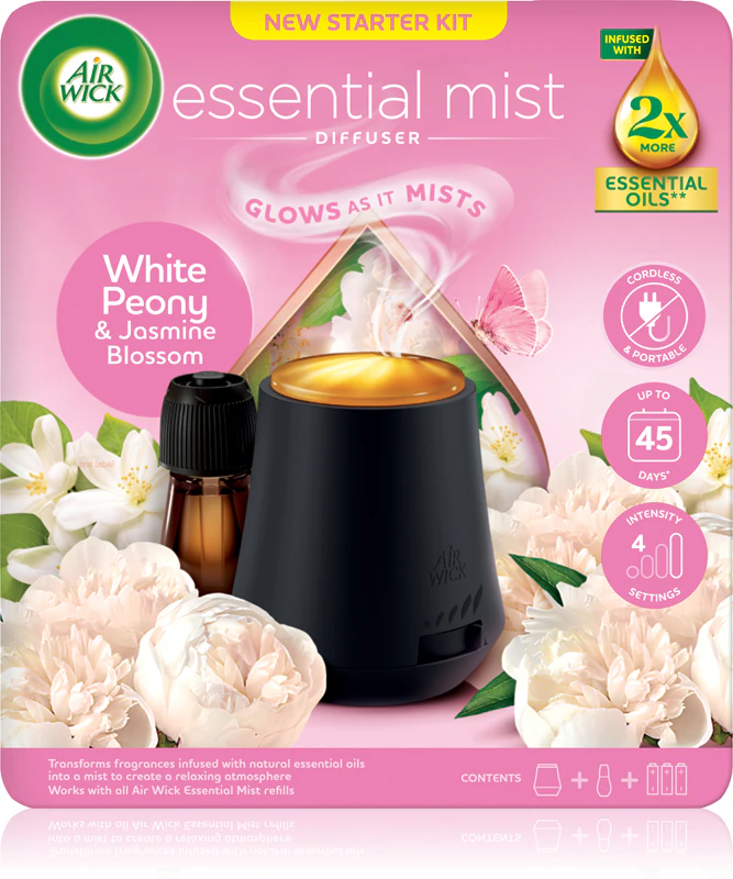 Difusor de aromas Air Wick Aroma Mist com peônia branca e flor de jasmim, com refil e pilhas.