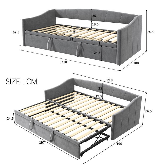 Sofá convertible de 90x200 cm - Terciopelo gris - Mecanismo hidráulico - 2 plazas - Capacidad de carga de 300 kg