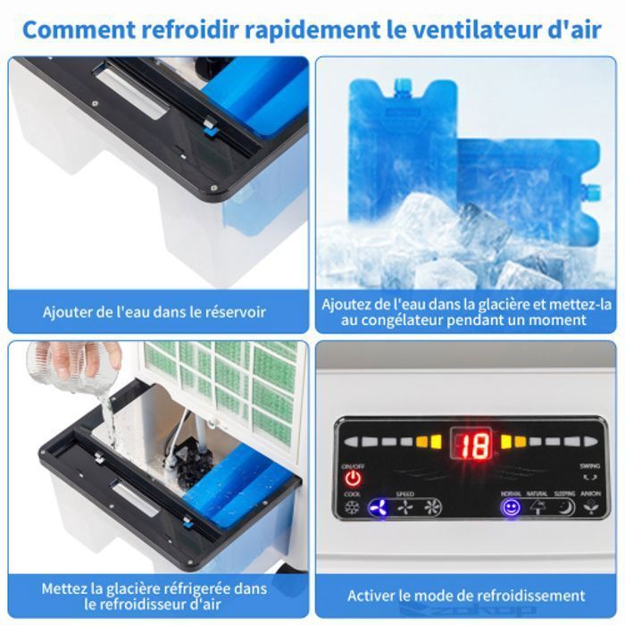 Aire acondicionado portátil 4 en 1, enfriador de aire portátil, 3 velocidades, con control remoto, 38 x 28 x 74 cm, blanco