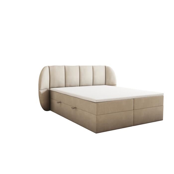 Cama de casal BILBAO 200x200 cm - Estofada com arrumação e colchão - Tecido de veludo - Bege