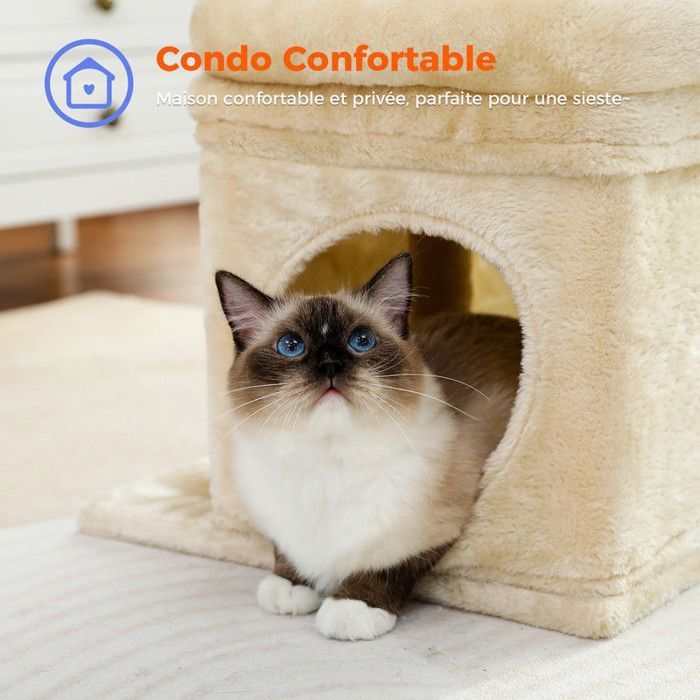 PAWZ Road Small Cat Tree 60 cm, Play Tower with 2 Sturdy Scratching Posts, 1 Spacious Condo & 1 Large Perch, Beige