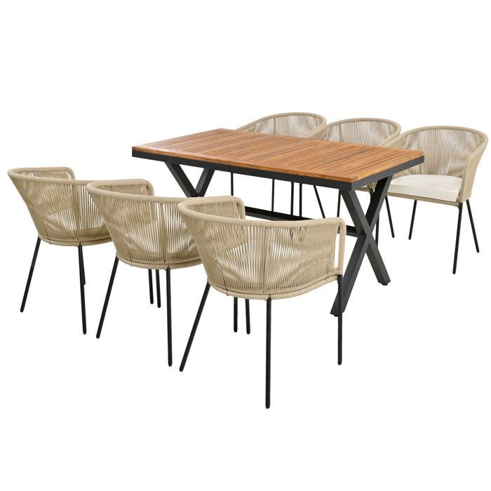 Garden table and chair set - 6 seats - 1 acacia wood table and 6 rope-decorated chairs - Beige