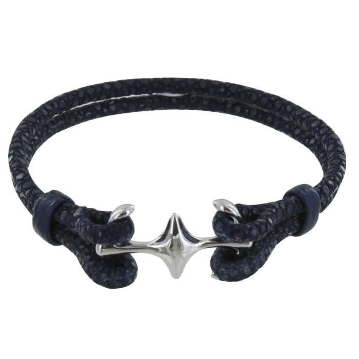 Pulsera unisex Les Poulettes Bijoux con doble ancla de rodio y piel de raya - 18 cm - Azul marino