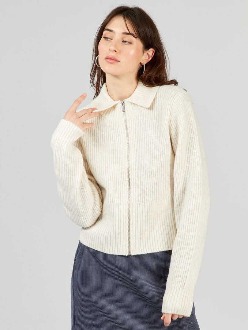 Korte trui met rits van garen - BEIGE