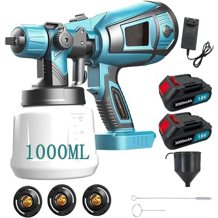 Pulverizador de pintura inalámbrico HVLP de 550 W con depósito de 1000 ml y 2 baterías, compatible con la estación de pintura Makita de 18 V para paredes, coches, madera y vallas.