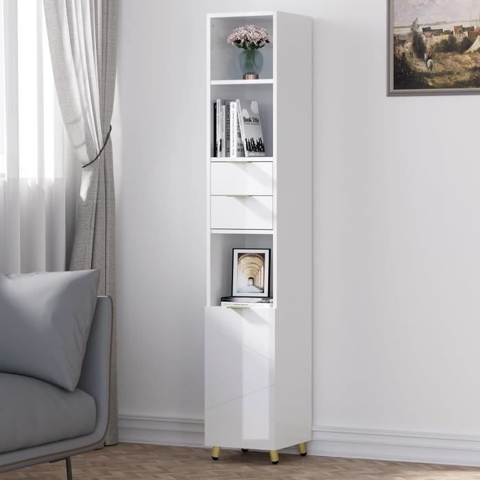 Columna de baño EUGAD en MDF, 3 compartimentos, 2 cajones y 1 armario con puerta, estante ajustable, blanco brillante, E0IG1032
