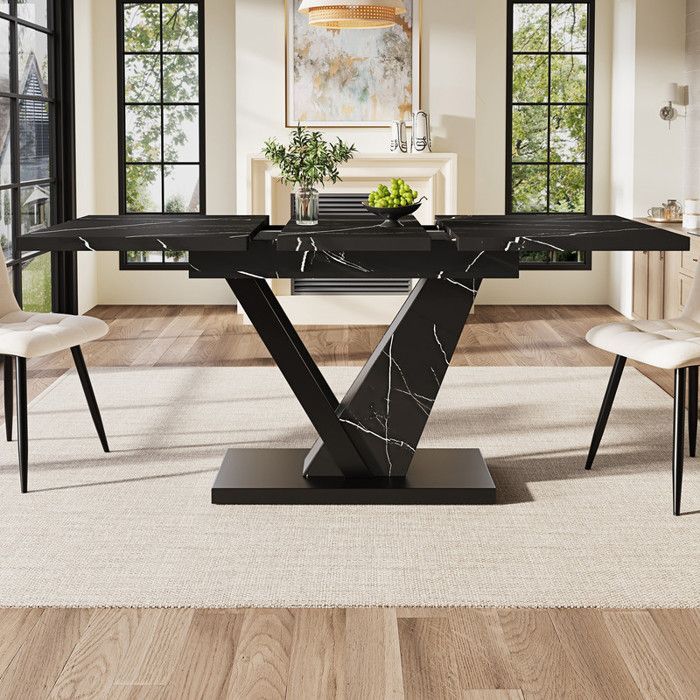Table à Manger Extensible (120-160x75x75.5cm), Table de Cuisine Peu encombrante, Table à Manger avec Motif de Marbre Noir,pour